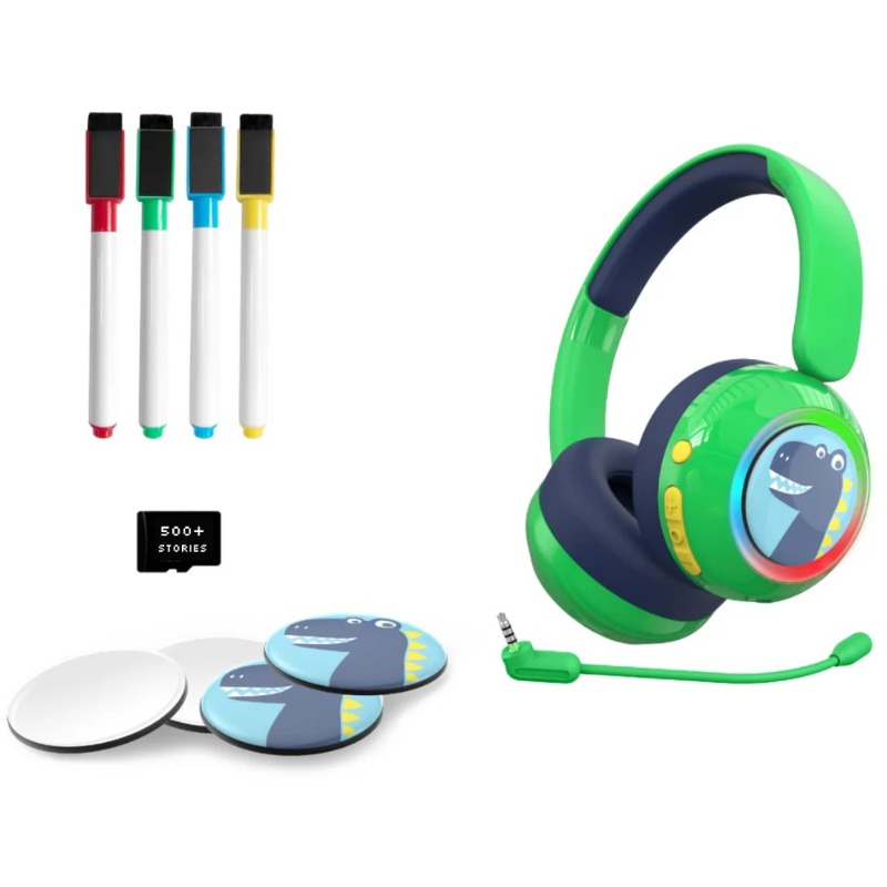 Watch Out Galaxy Kids Headphone with Safe Sound as Per WHO, Free Learning Audio Stories, DIY Magnets, Bluetooth + Wired, Mic for School and Travel (Green Dino)