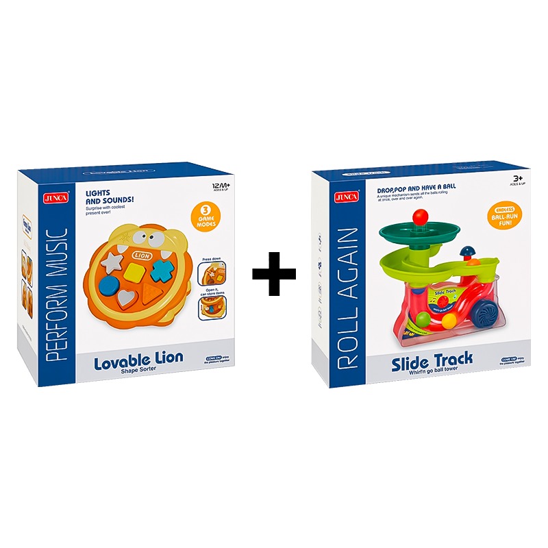 Junca Lovable Lion Shape Sorter + Junca Slide Track Whirlin Go Ball Tower Bundle