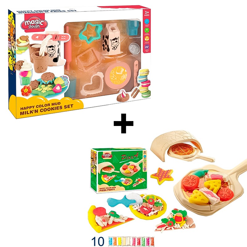 Magic Dough Colored Mud Milk n Cookies Set+Magic Dough Mud Pizza Party Bundle