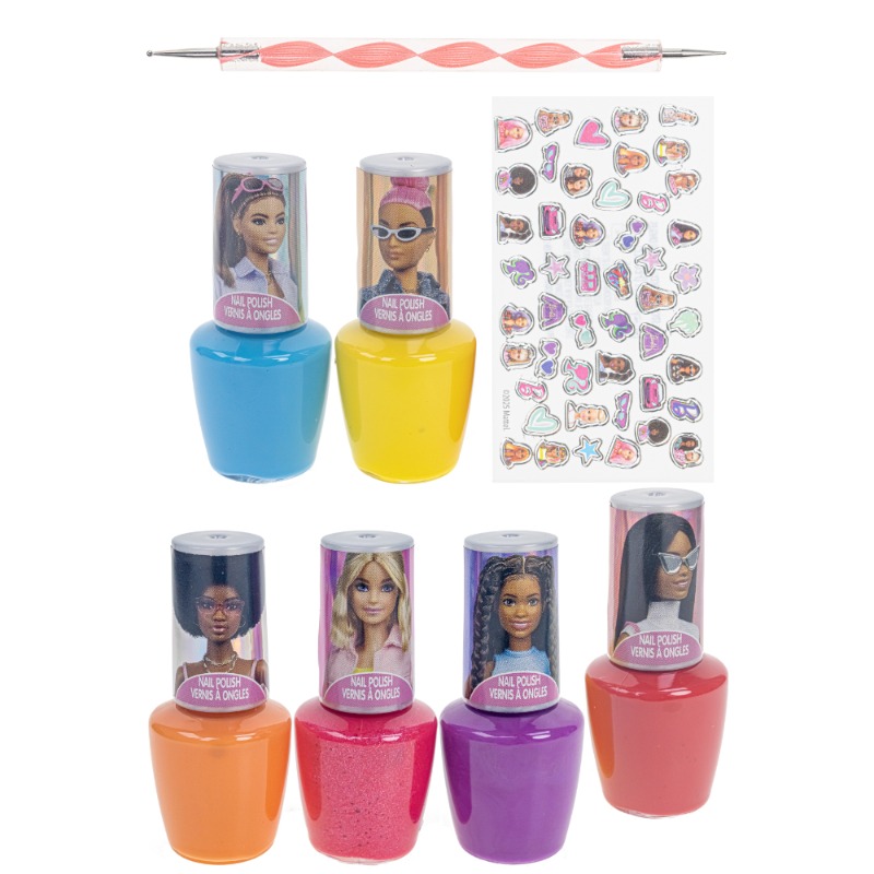 Barbie 6-Pack Bubble Gum Scented Peelable Nail Polish Set with Accessories for Kids