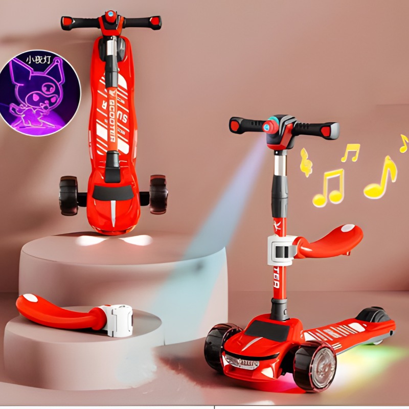 Kids Three Wheel Scooter With Flash Light And Chair - Red
