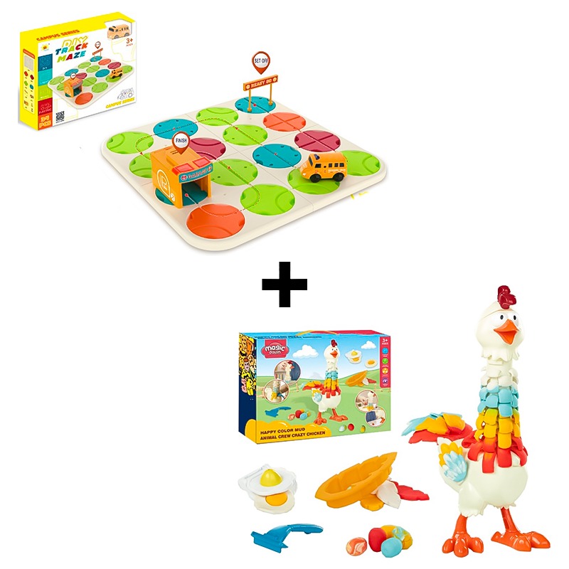 Labyrinth Track School Bus 34pcs + Magic Dough Colored Animal Bundle