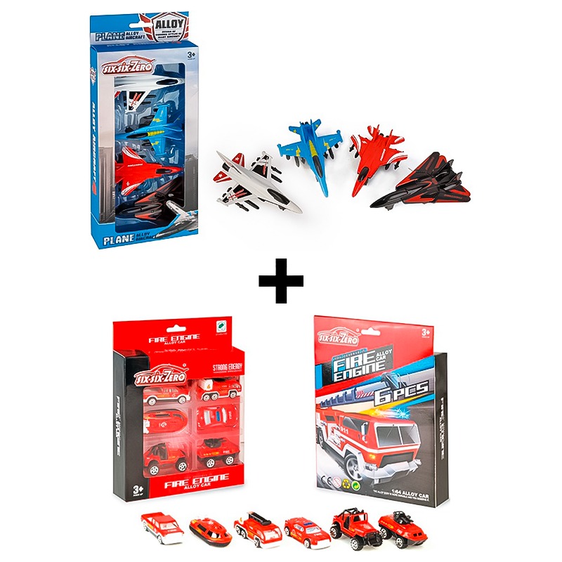 Alloy Combat Aircraft 4 Pcs + Fire Engine Set 6 Pcs Bundle