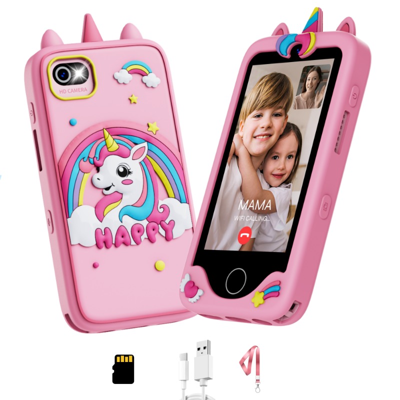 Watch Out Kids Learn Phone with Zero Eye Strain screen, HD camera, Learning Content, Parental Control, Screen and App Time Limit, Emergency Wi Fi Calling and Kids Safe Play Store (Pink Unicorn)