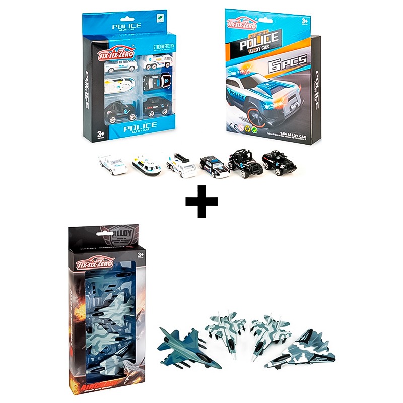 Alloy Police Car Set 6 Pcs + Combat Aircraft 4 Pcs Bundle
