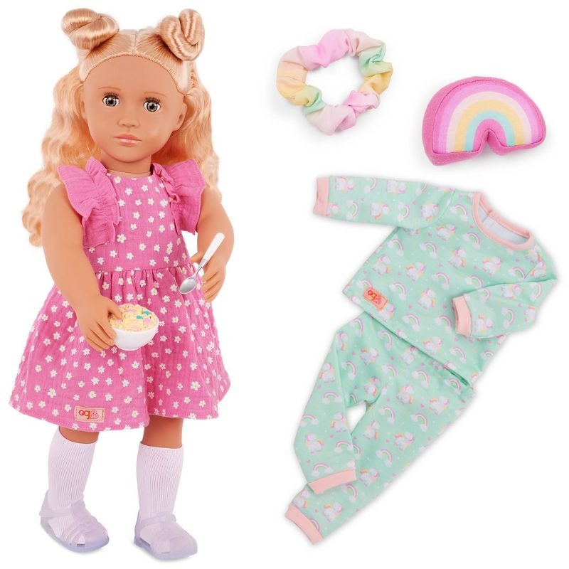 Our Generation Gillian Doll with Pink Dress & Rainbow Pajama Outfit