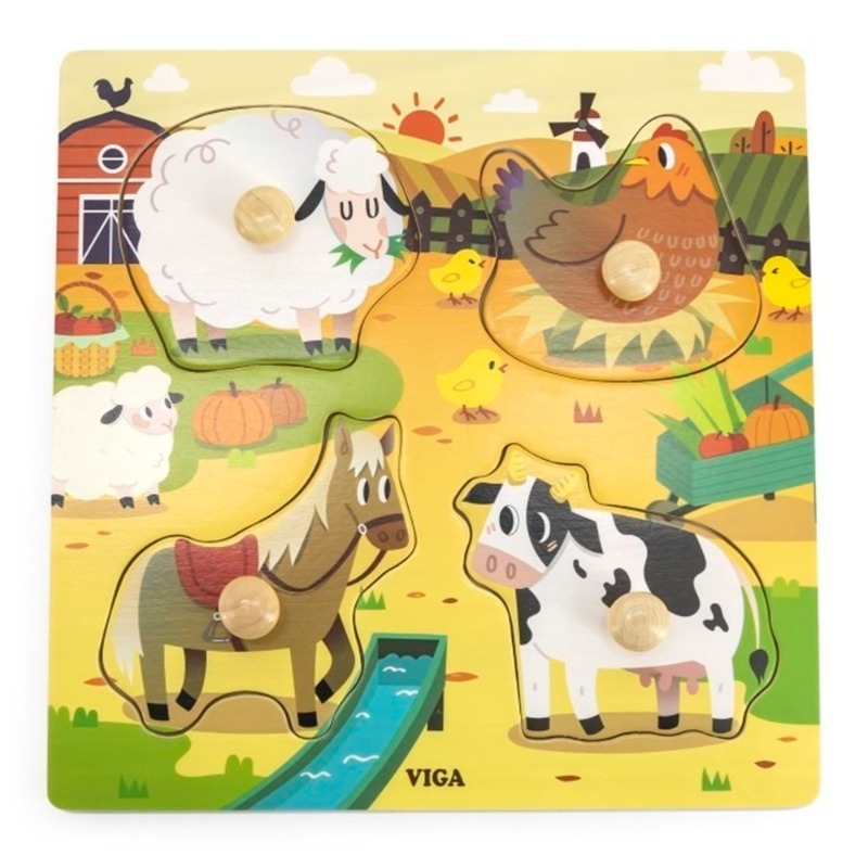 VIGA Wooden Knob Puzzle - Farm Animals